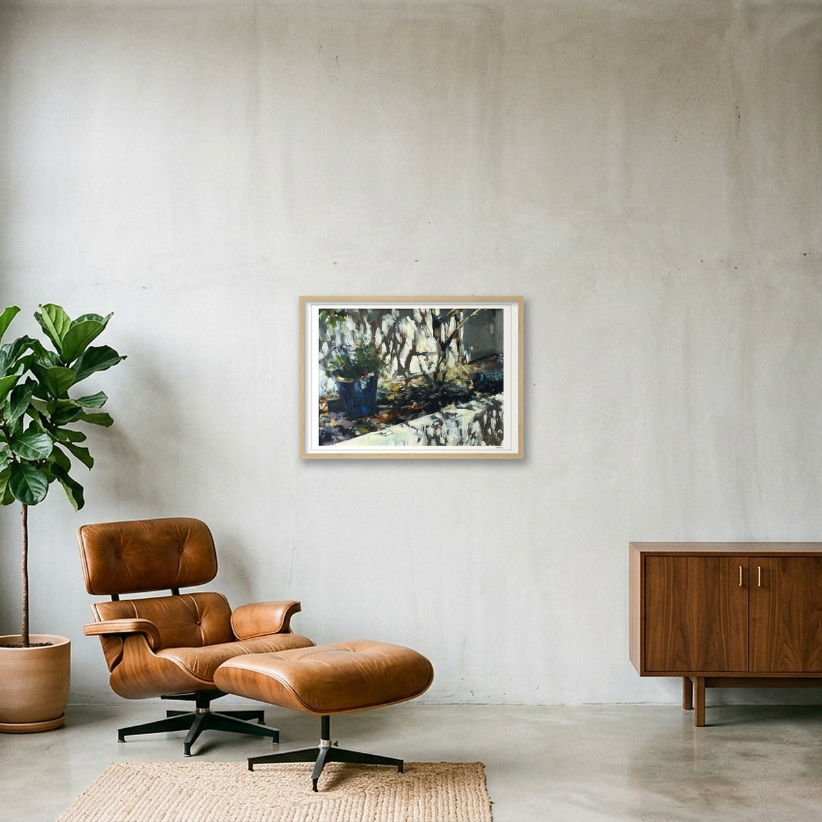 Blue Garden Pot, Strong Sunlight — 59×42cm, 23×17" Oak Frame
