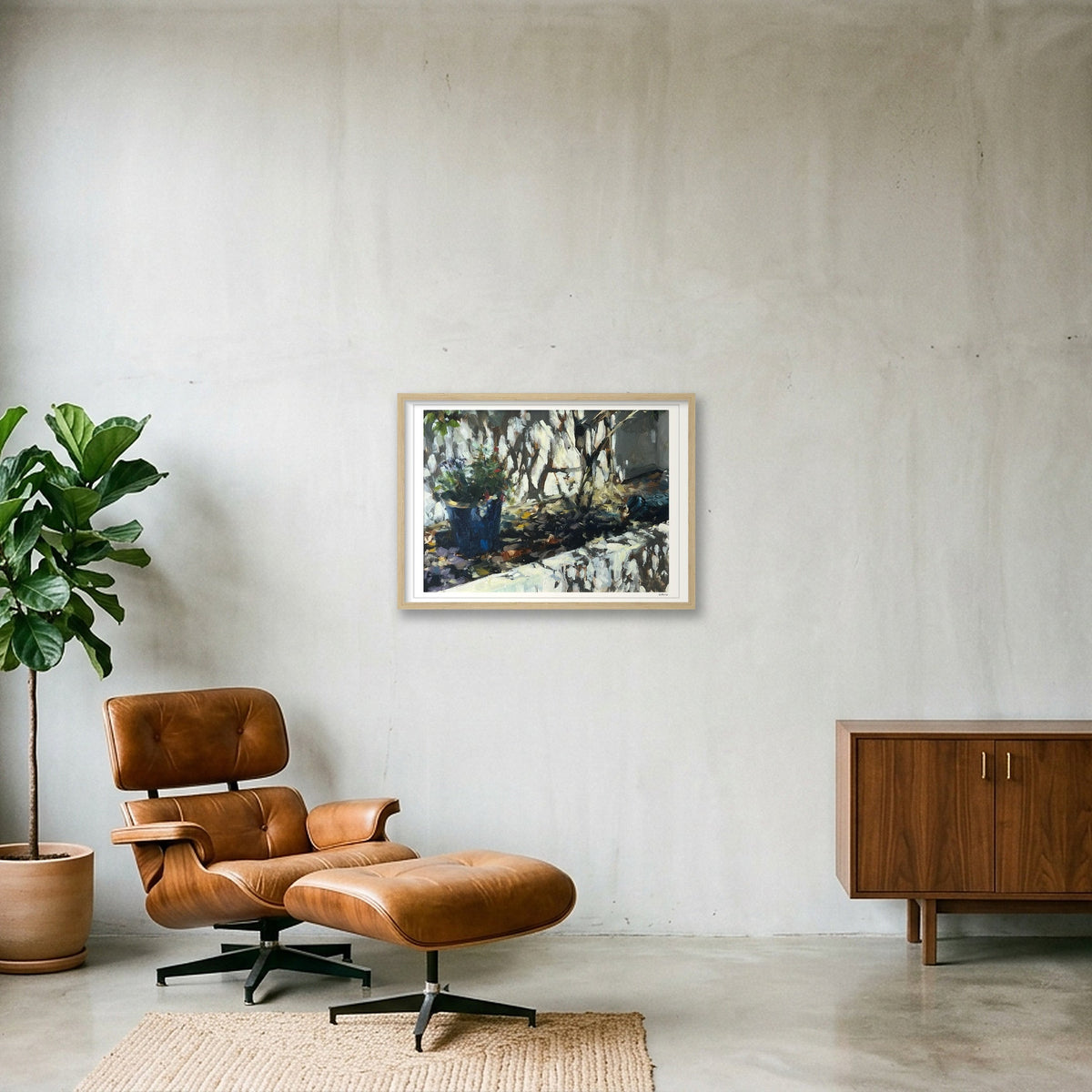 Blue Garden Pot, Strong Sunlight — 59×42cm, 23×17" Oak Frame