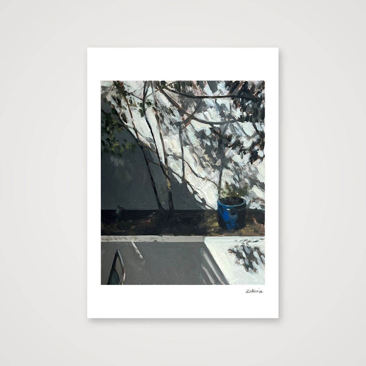 Blue Pot and Patio Wall, Sun and Shadow — A4 (21×30cm, 8×12") Print only