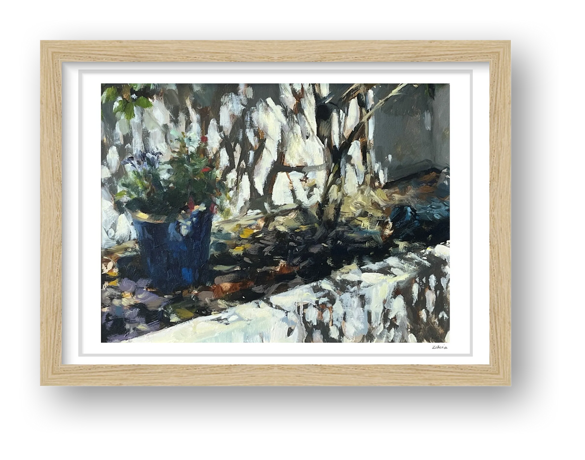 Blue Garden Pot, Strong Sunlight — framed