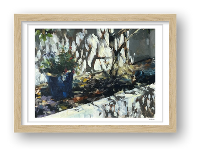 Blue Garden Pot, Strong Sunlight — framed