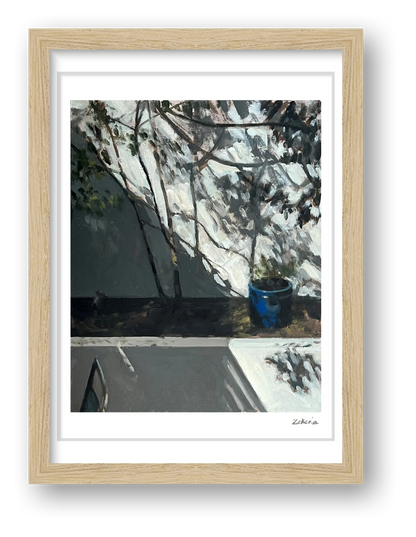 Blue Pot and Patio Wall, Sun and Shadow — framed