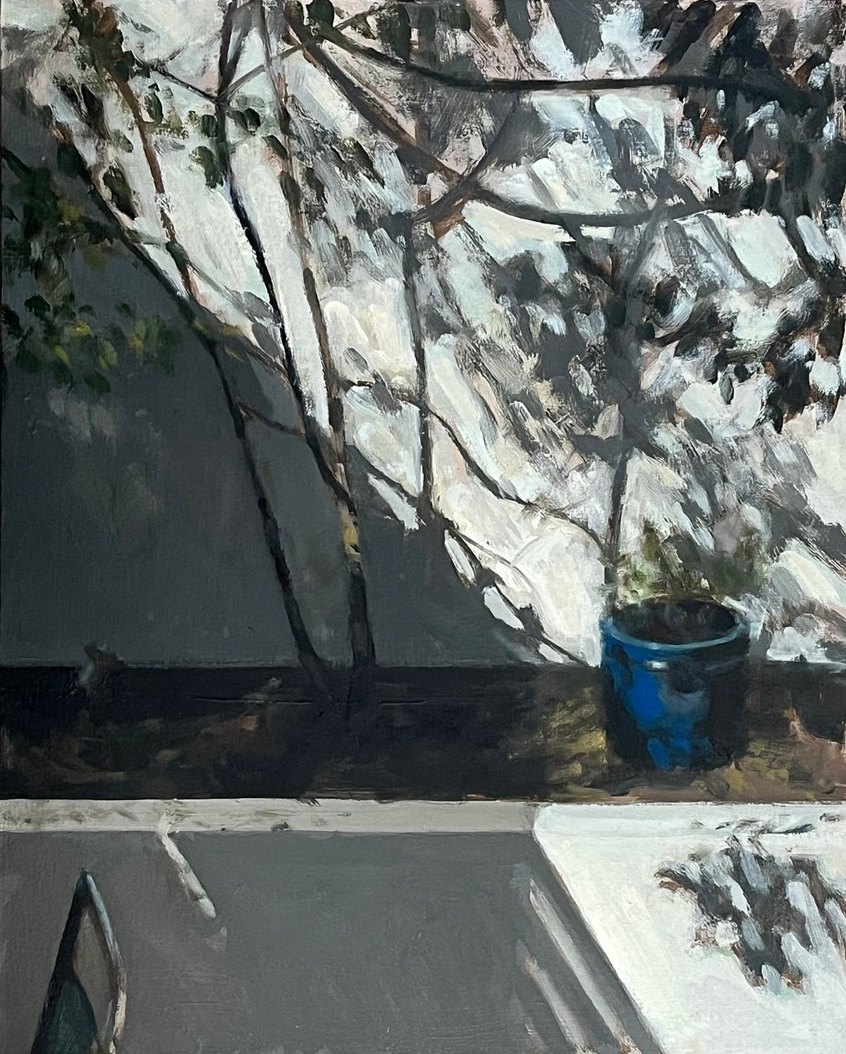 Blue Pot and Patio Wall, Sun and Shadow