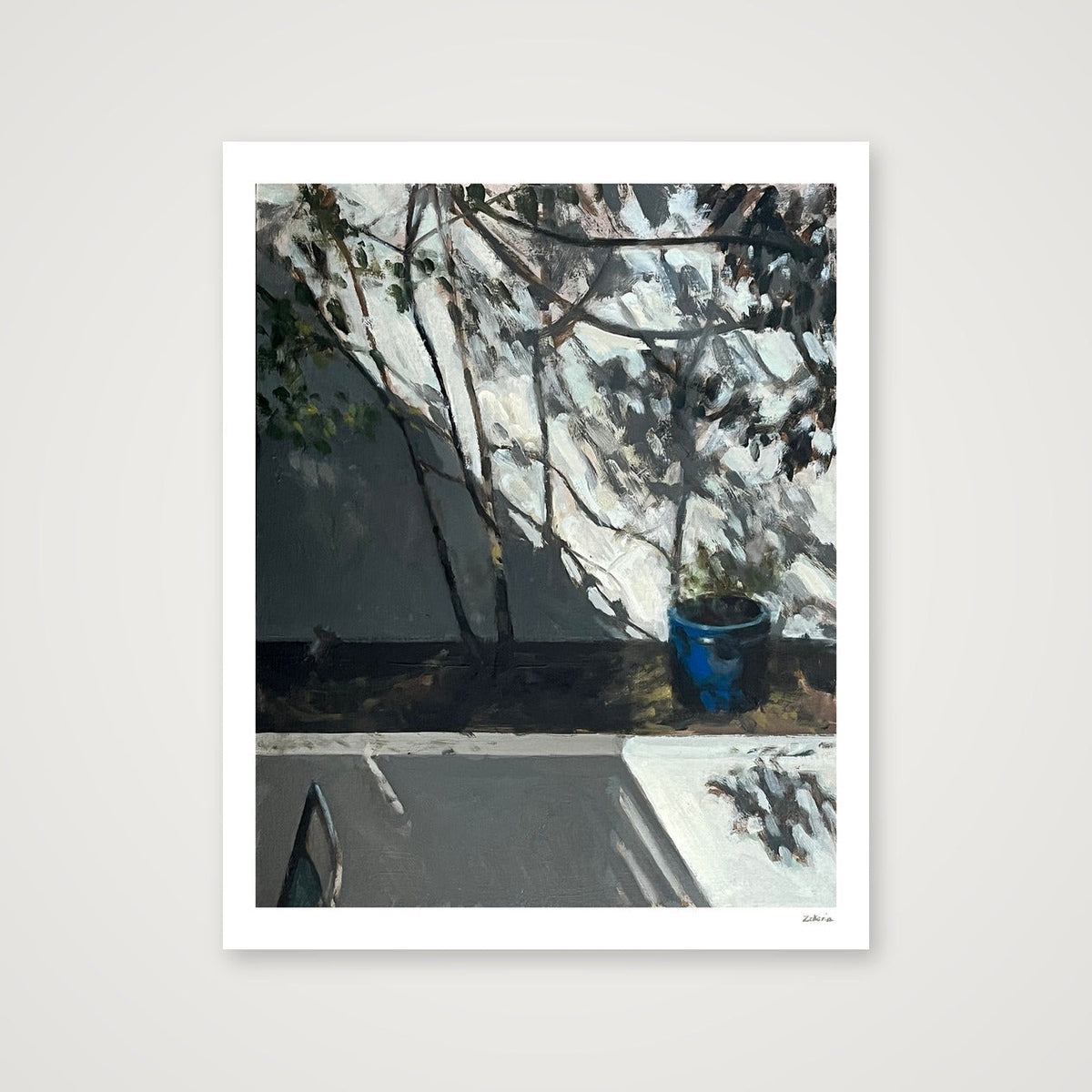 Blue Pot and Patio Wall, Sun and Shadow — 40×50cm, 16×20" Print only