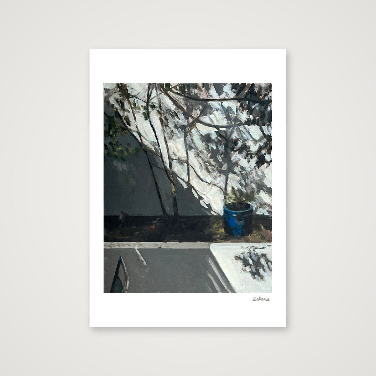 Blue Pot and Patio Wall, Sun and Shadow — A4 (21×30cm, 8×12") Print only