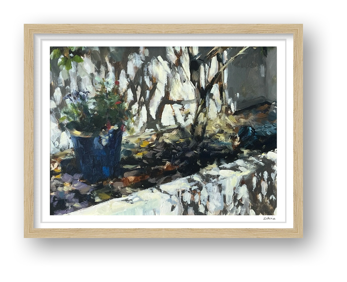 Blue Garden Pot, Strong Sunlight — framed