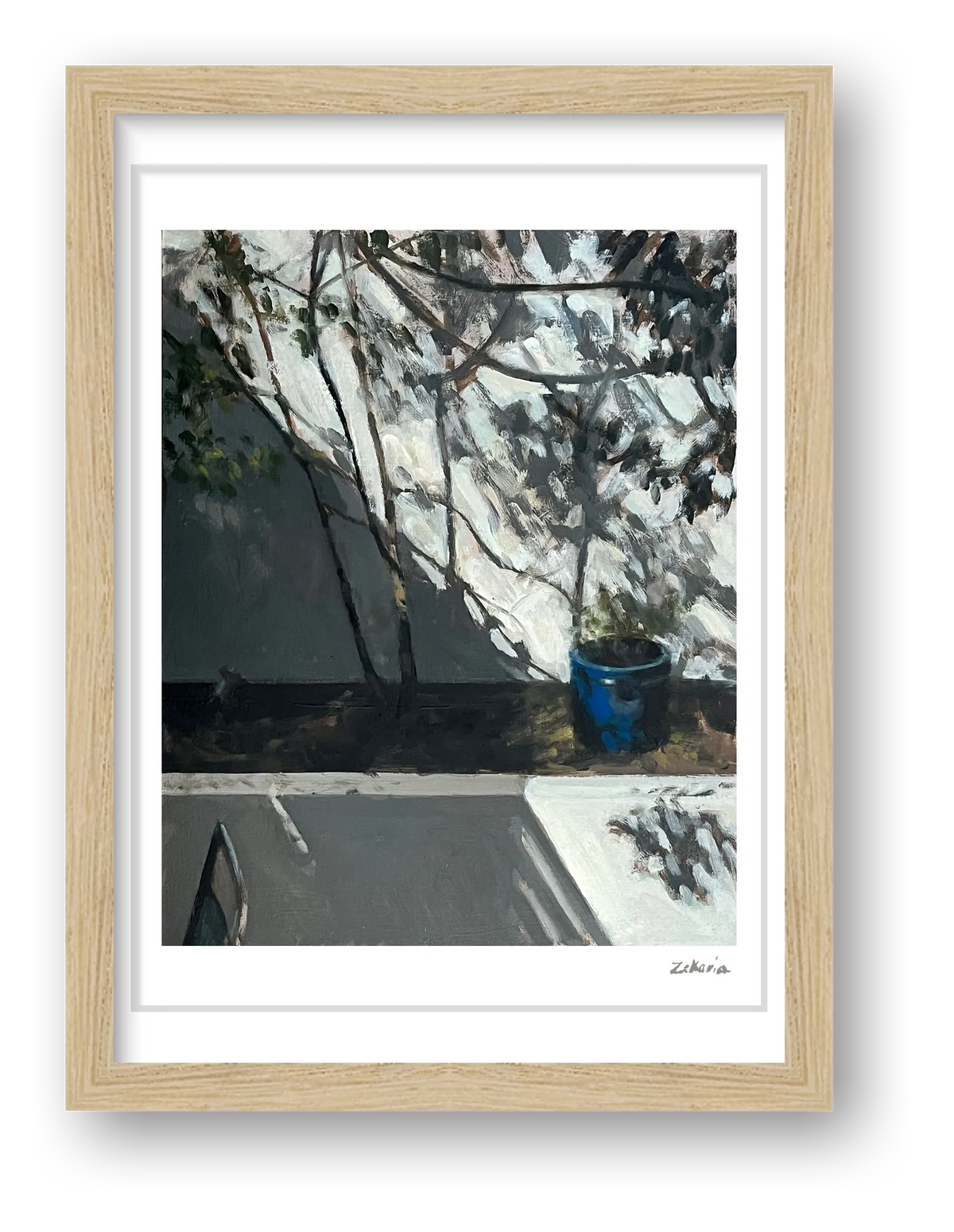 Blue Pot and Patio Wall, Sun and Shadow — framed